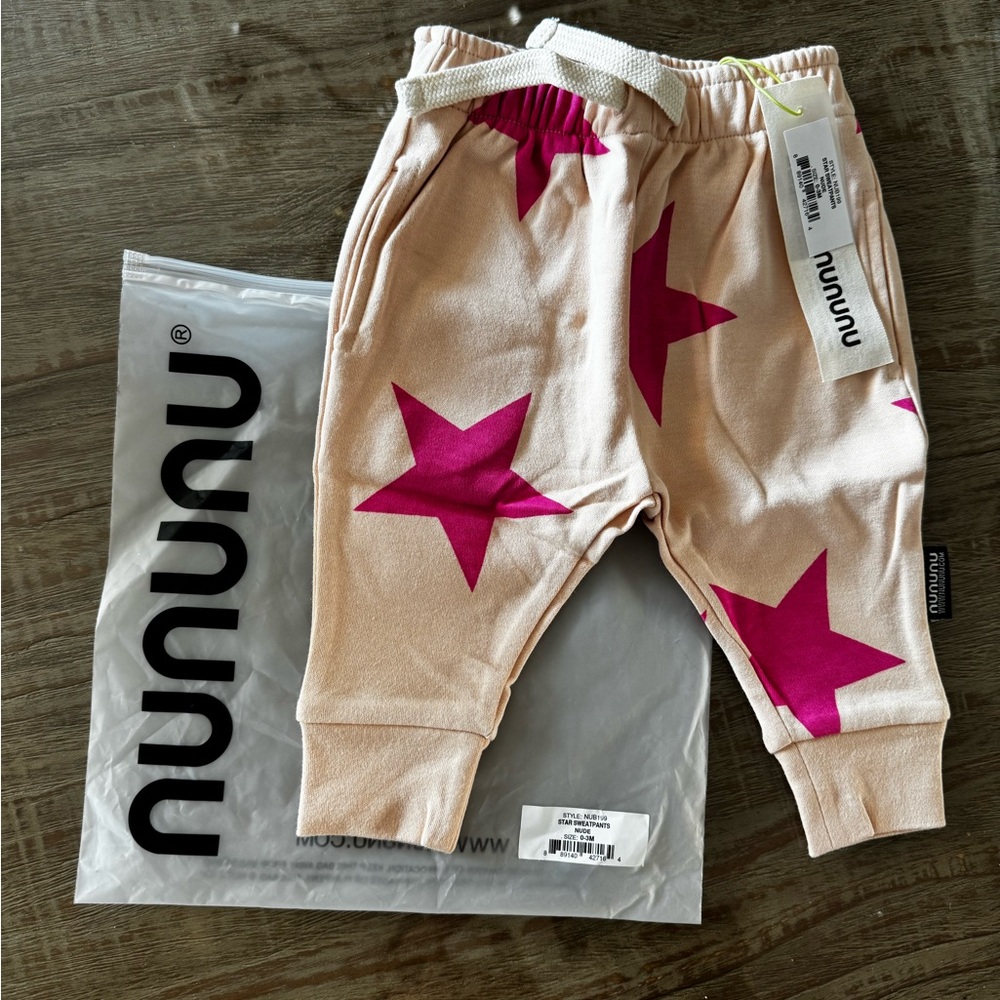 Nununu Kids Joggers with Pink Stars NWT 0-3 months. Part of a 2 piece set - Picture 4 of 9